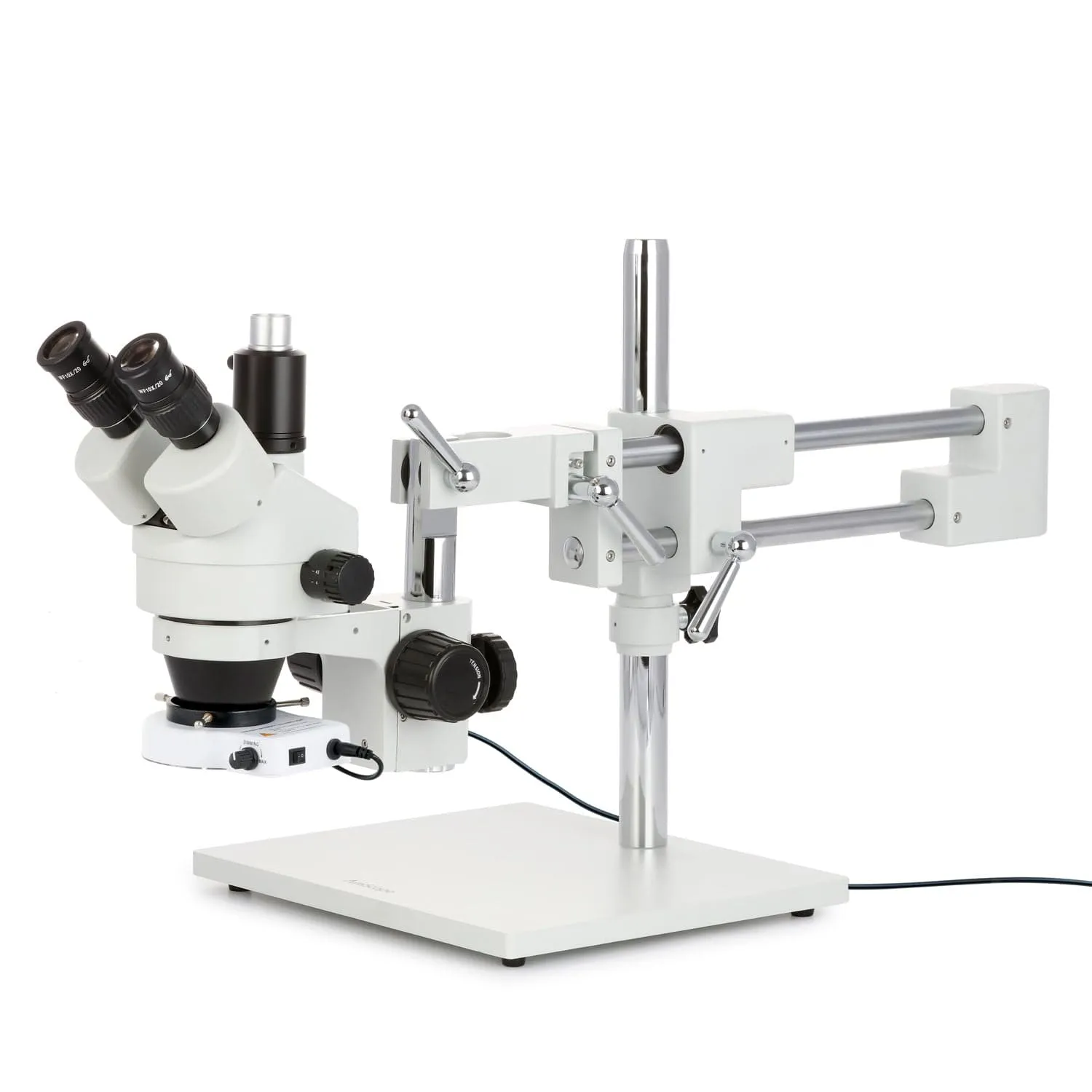 AmScope SM-4 Series Zoom Trinocular Stereo Microscope with 80 LED Compact Ring Light and HDMI Camera on Double Arm Boom Stand