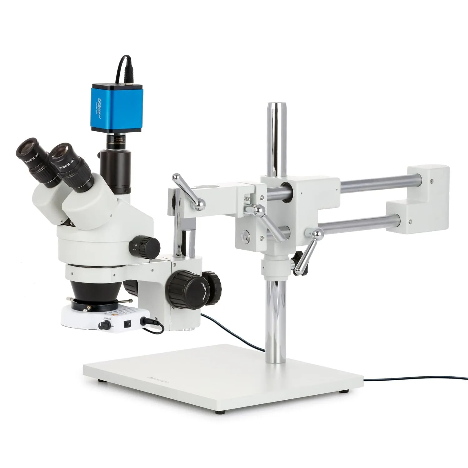 AmScope SM-4 Series Zoom Trinocular Stereo Microscope with 80 LED Compact Ring Light and HDMI Camera on Double Arm Boom Stand