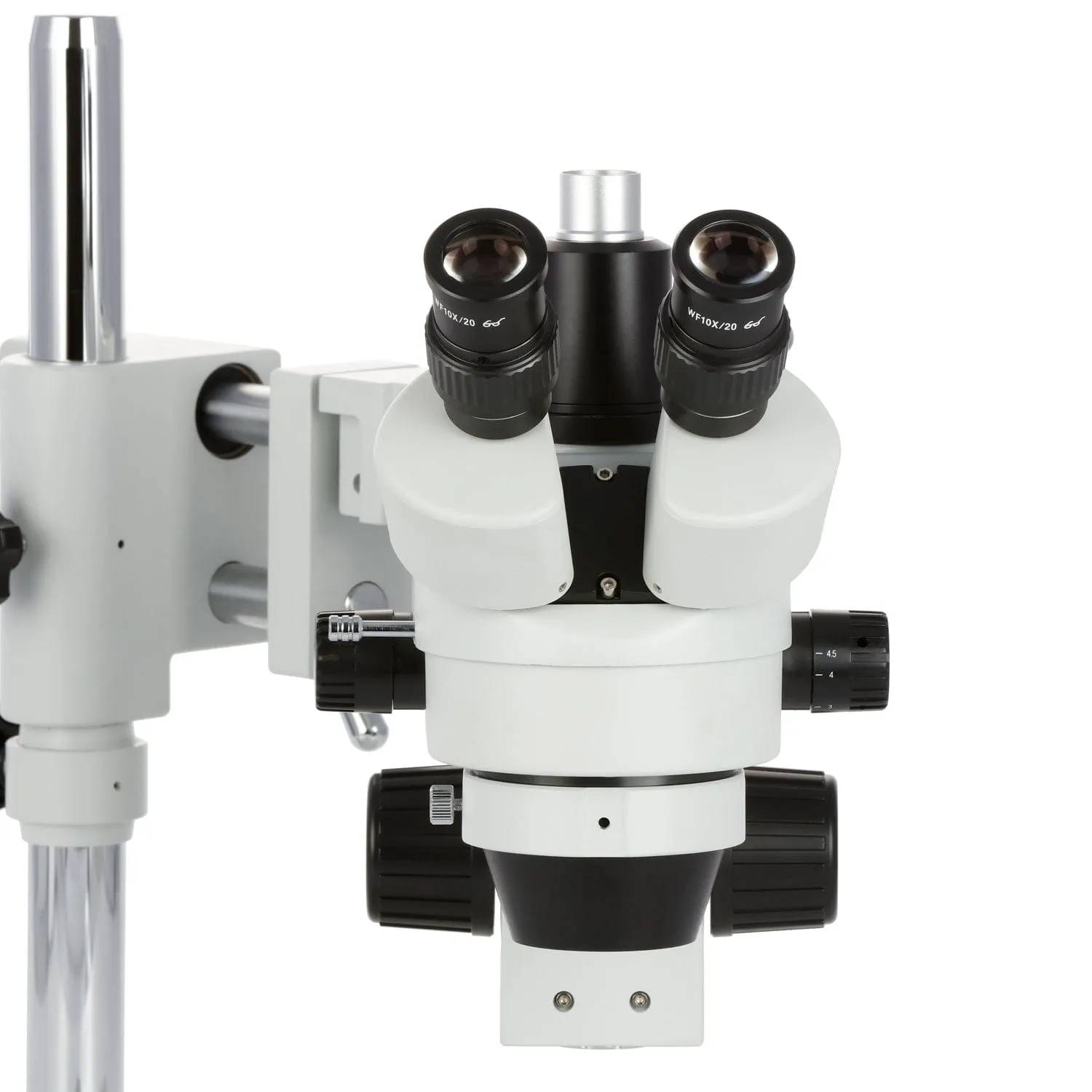 AmScope SM-4 Series Zoom Trinocular Stereo Microscope with 8W Fluorescent Ring Light and Auto Focus Camera on Double Arm Boom Stand