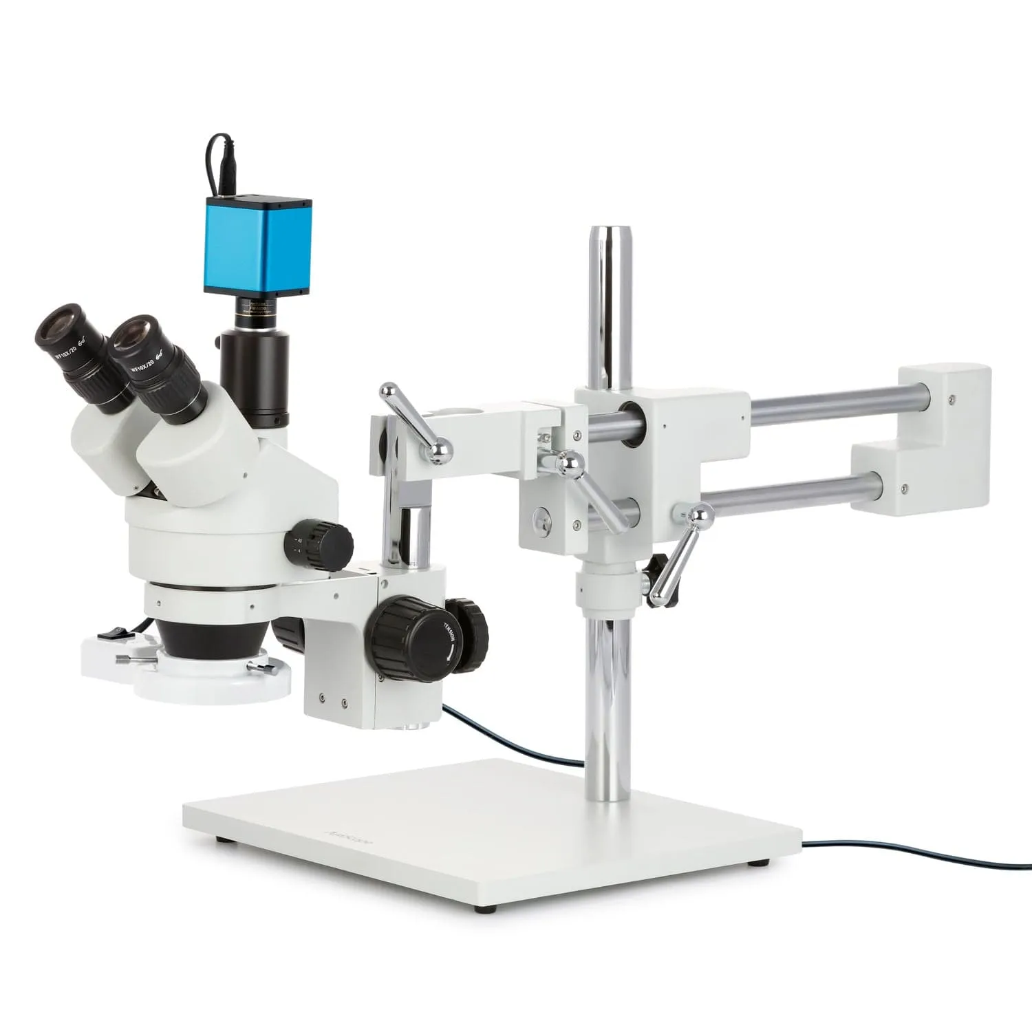 AmScope SM-4 Series Zoom Trinocular Stereo Microscope with 8W Fluorescent Ring Light and Auto Focus Camera on Double Arm Boom Stand