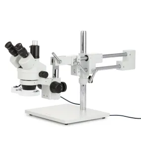 AmScope SM-4 Series Zoom Trinocular Stereo Microscope with 8W Fluorescent Ring Light and Auto Focus Camera on Double Arm Boom Stand