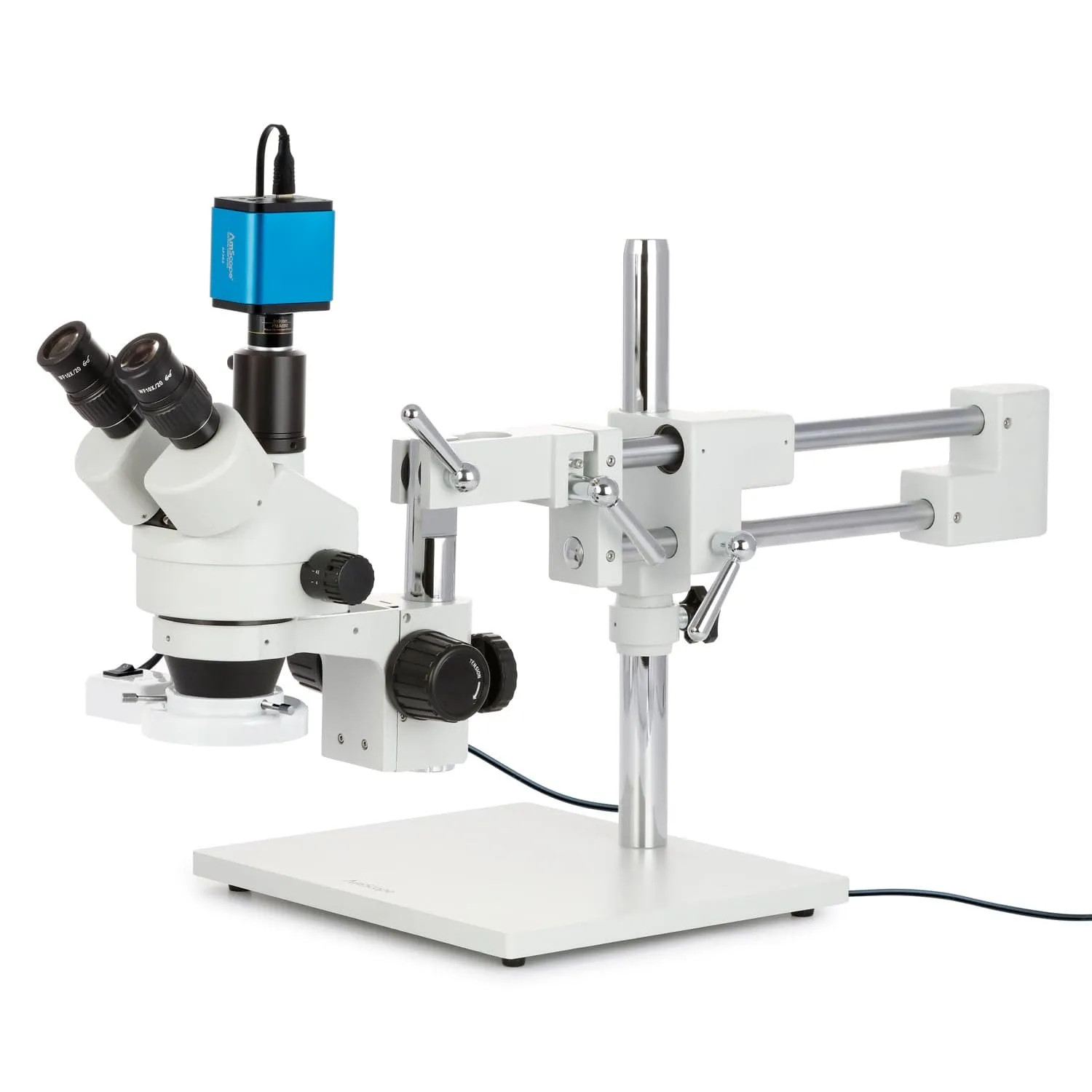 AmScope SM-4 Series Zoom Trinocular Stereo Microscope with 8W Fluorescent Ring Light and Auto Focus Camera on Double Arm Boom Stand