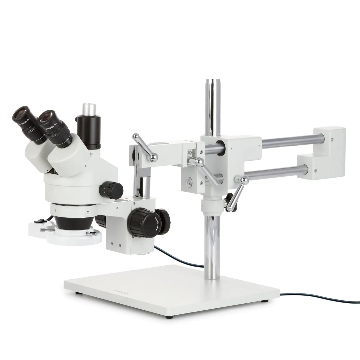 AmScope SM-4 Series Zoom Trinocular Stereo Microscope with 8W Fluorescent Ring Light and HDMI Camera on Double Arm Boom Stand