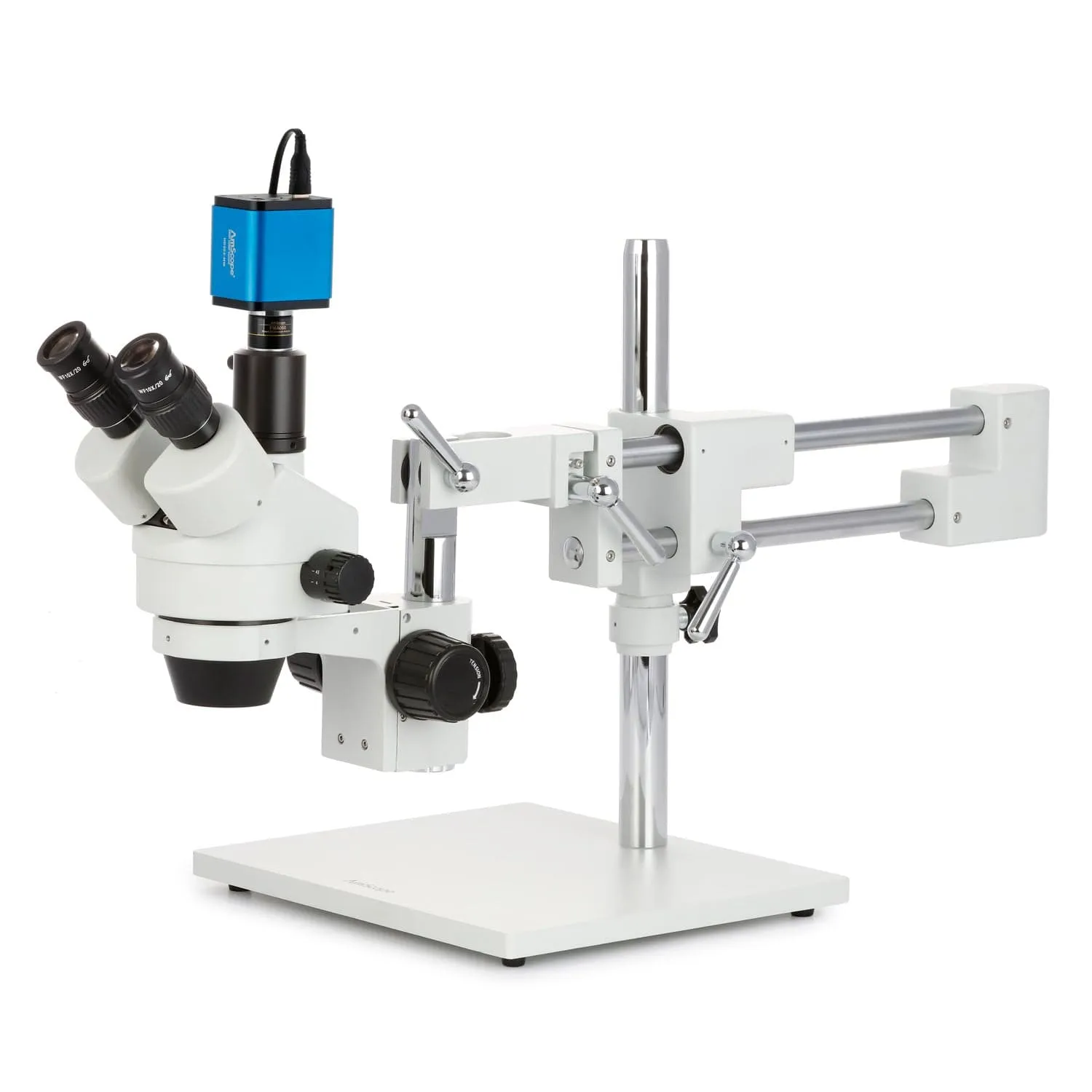 AmScope SM-4 Series Zoom Trinocular Stereo Microscope with HDMI Camera on Double Arm Boom Stand