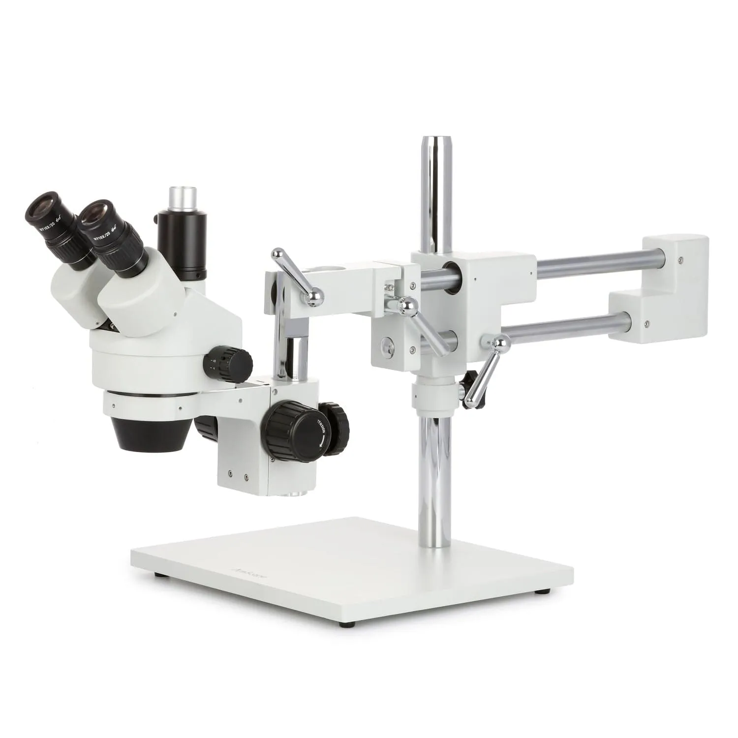 AmScope SM-4 Series Zoom Trinocular Stereo Microscope with HDMI Camera on Double Arm Boom Stand