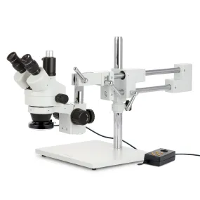 AmScope SM-4T Series Trinocular Zoom Stereo Microscope w/Multi-Zone 144 LED and Auto Focus Camera on Double Arm Boom Stand