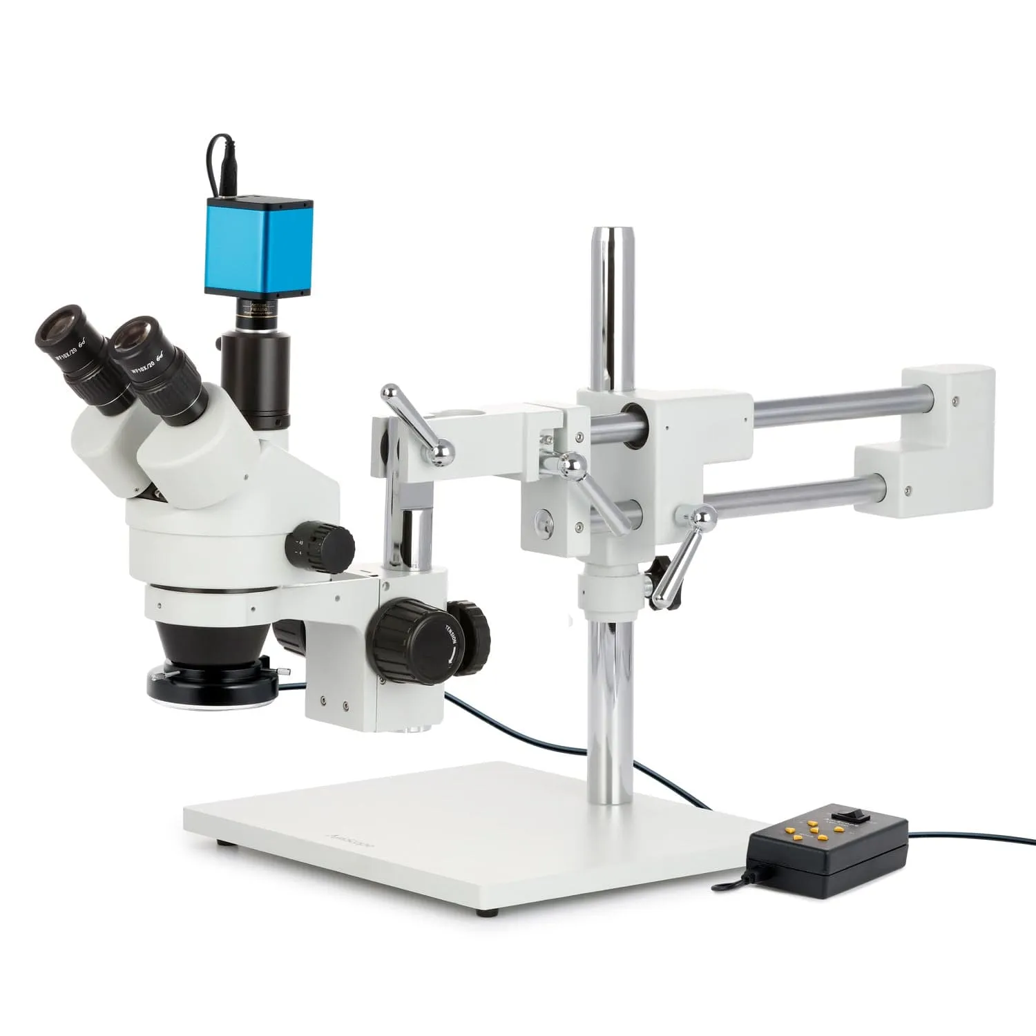 AmScope SM-4T Series Trinocular Zoom Stereo Microscope w/Multi-Zone 144 LED and Auto Focus Camera on Double Arm Boom Stand