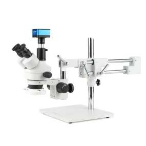 AmScope Zoom Trinocular Stereo Microscope 7X-45X Magnification Range, SM-4 Series on Double Arm Boom Stand   8W Fluorescent Ring Light   Optional 4K Camera