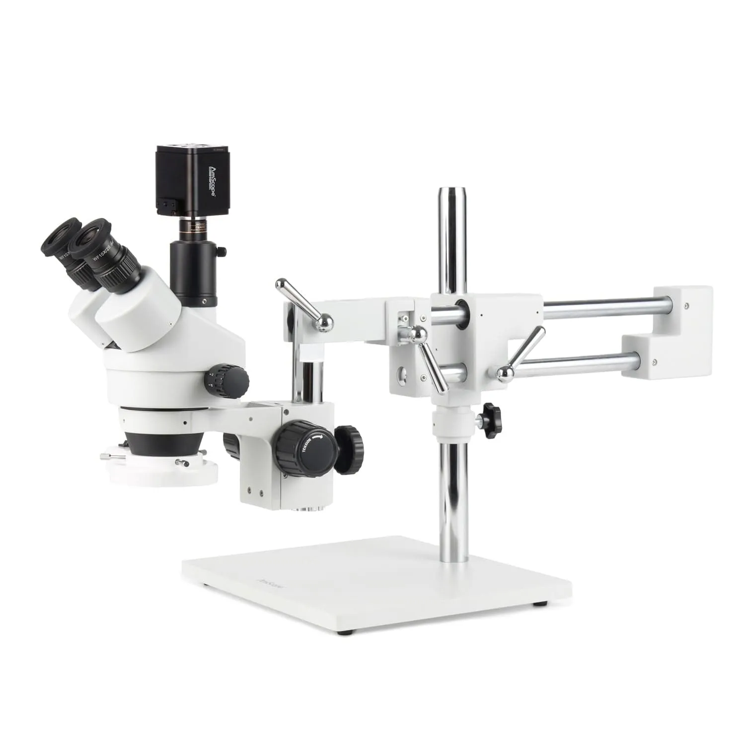 AmScope Zoom Trinocular Stereo Microscope 7X-45X Magnification Range, SM-4 Series on Double Arm Boom Stand   8W Fluorescent Ring Light   Optional 4K Camera