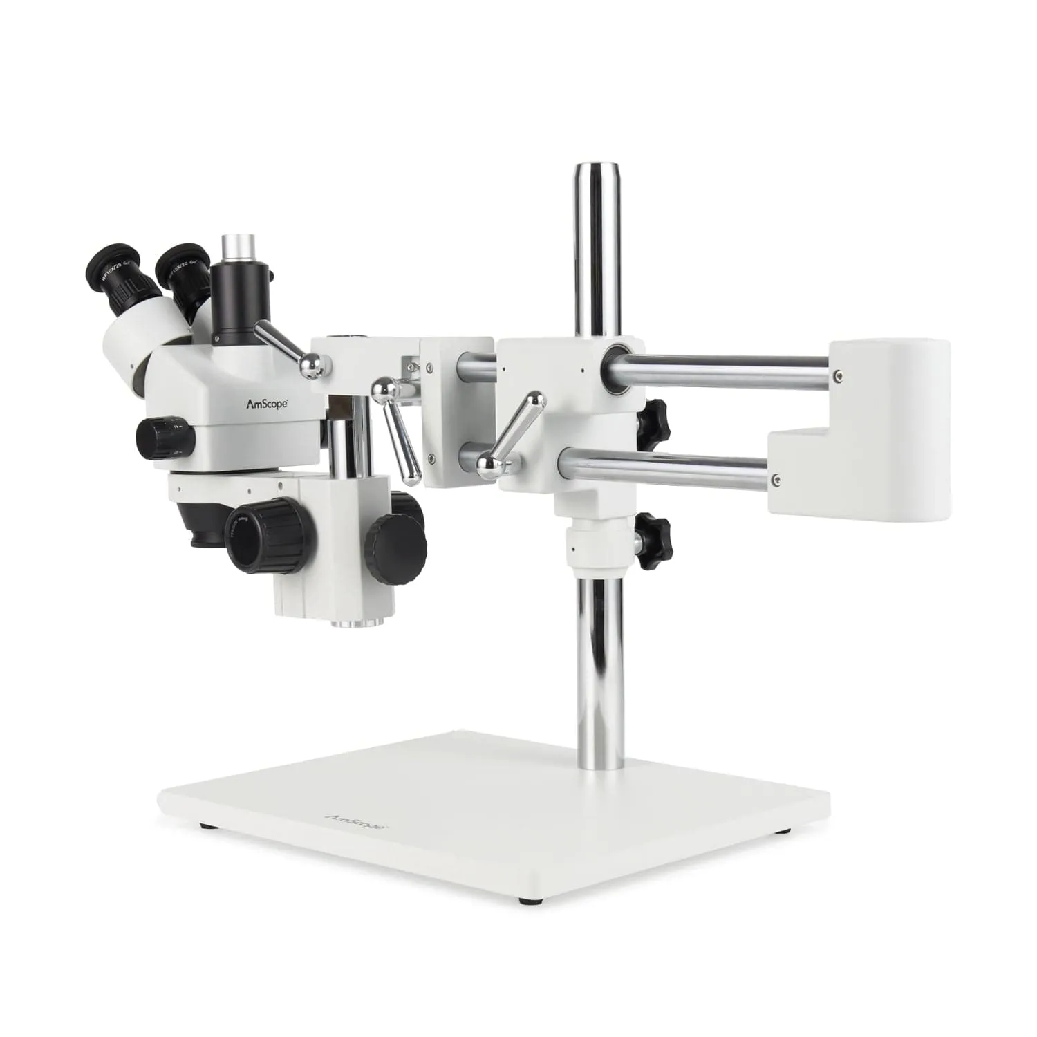 AmScope Zoom Trinocular Stereo Microscope 7X-45X Magnification Range, SM-4 Series on Double Arm Boom Stand   8W Fluorescent Ring Light   Optional 4K Camera