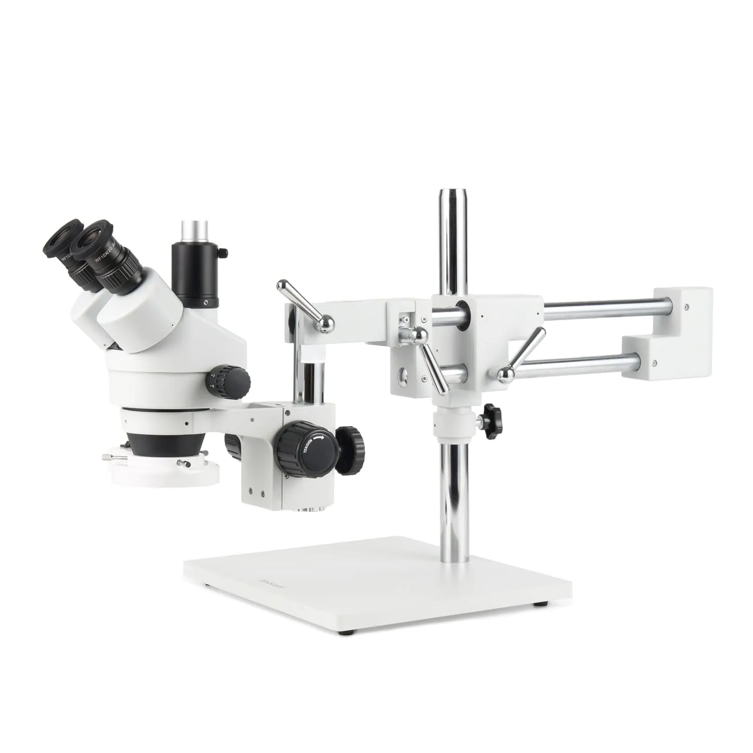 AmScope Zoom Trinocular Stereo Microscope 7X-45X Magnification Range, SM-4 Series on Double Arm Boom Stand   8W Fluorescent Ring Light   Optional 4K Camera