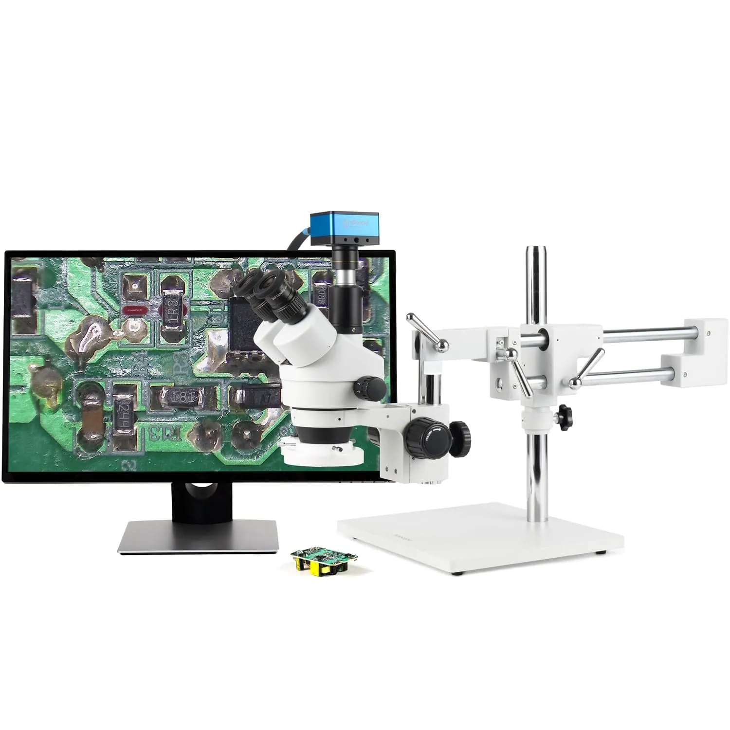 AmScope Zoom Trinocular Stereo Microscope 7X-45X Magnification Range, SM-4 Series on Double Arm Boom Stand   8W Fluorescent Ring Light   Optional 4K Camera