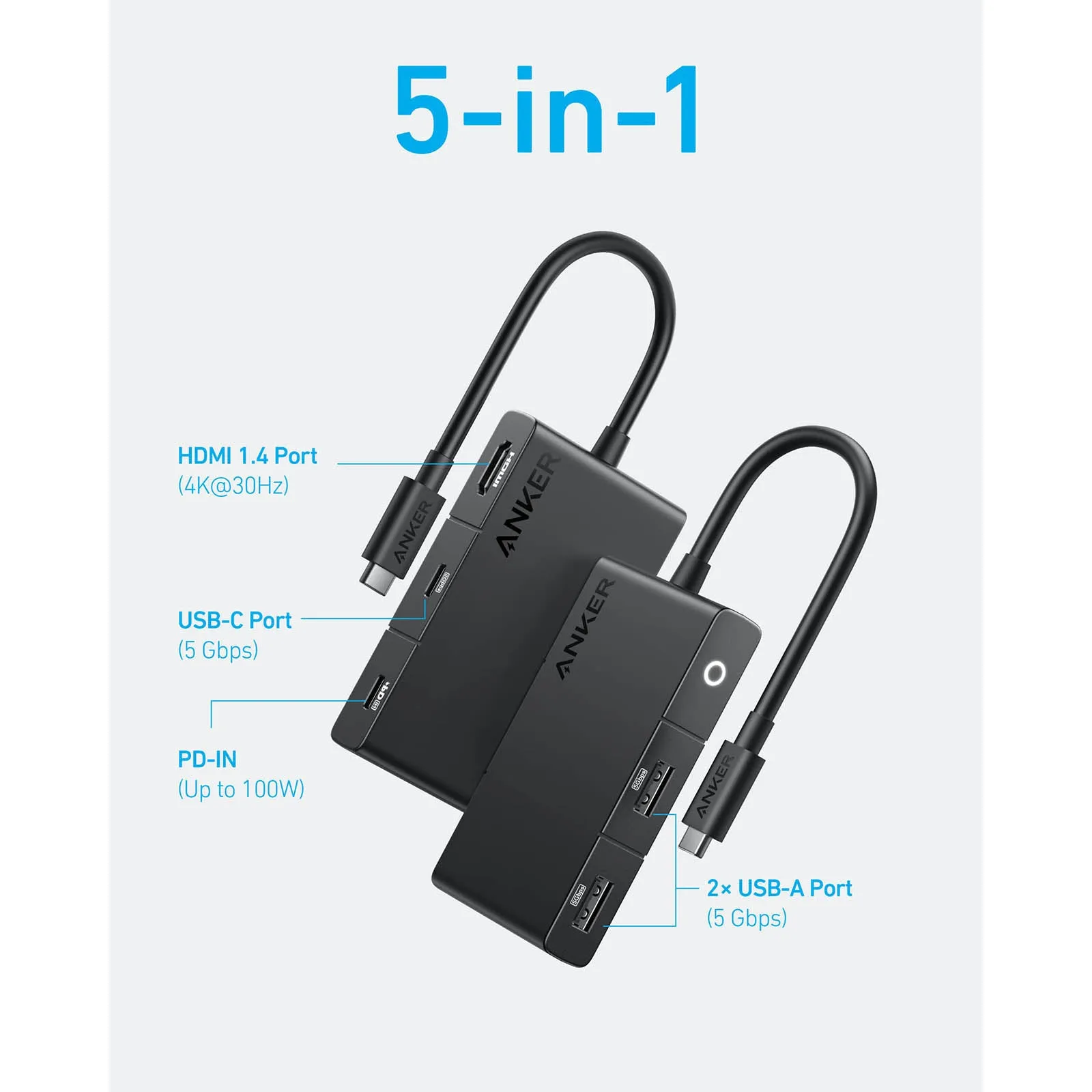 Anker 332 USB-C Hub W/ 5 Ports (HDMI, USB-C PD, USB-C, 2 USB-A Ports) - Black