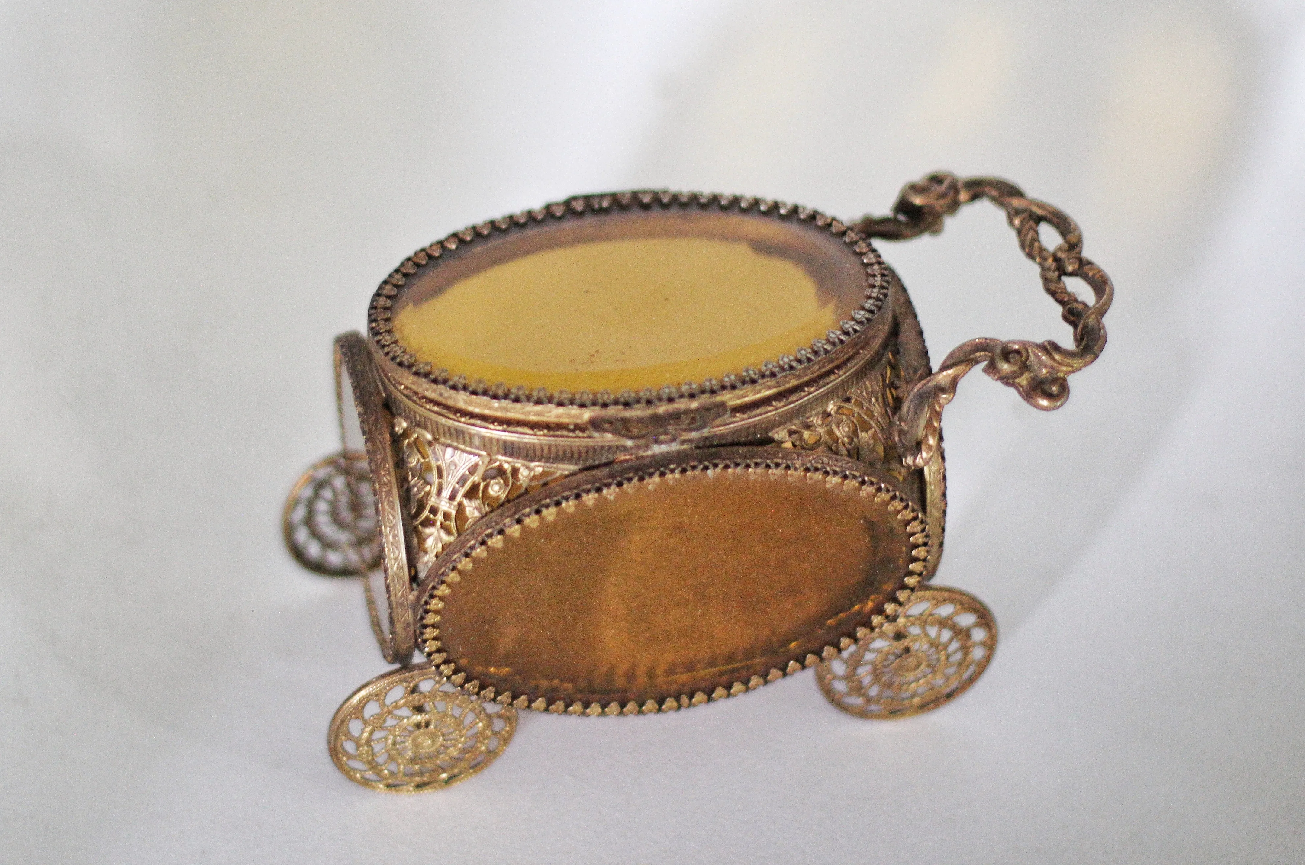 Antique Carriage Amber Glass Filigree Jewelry Box