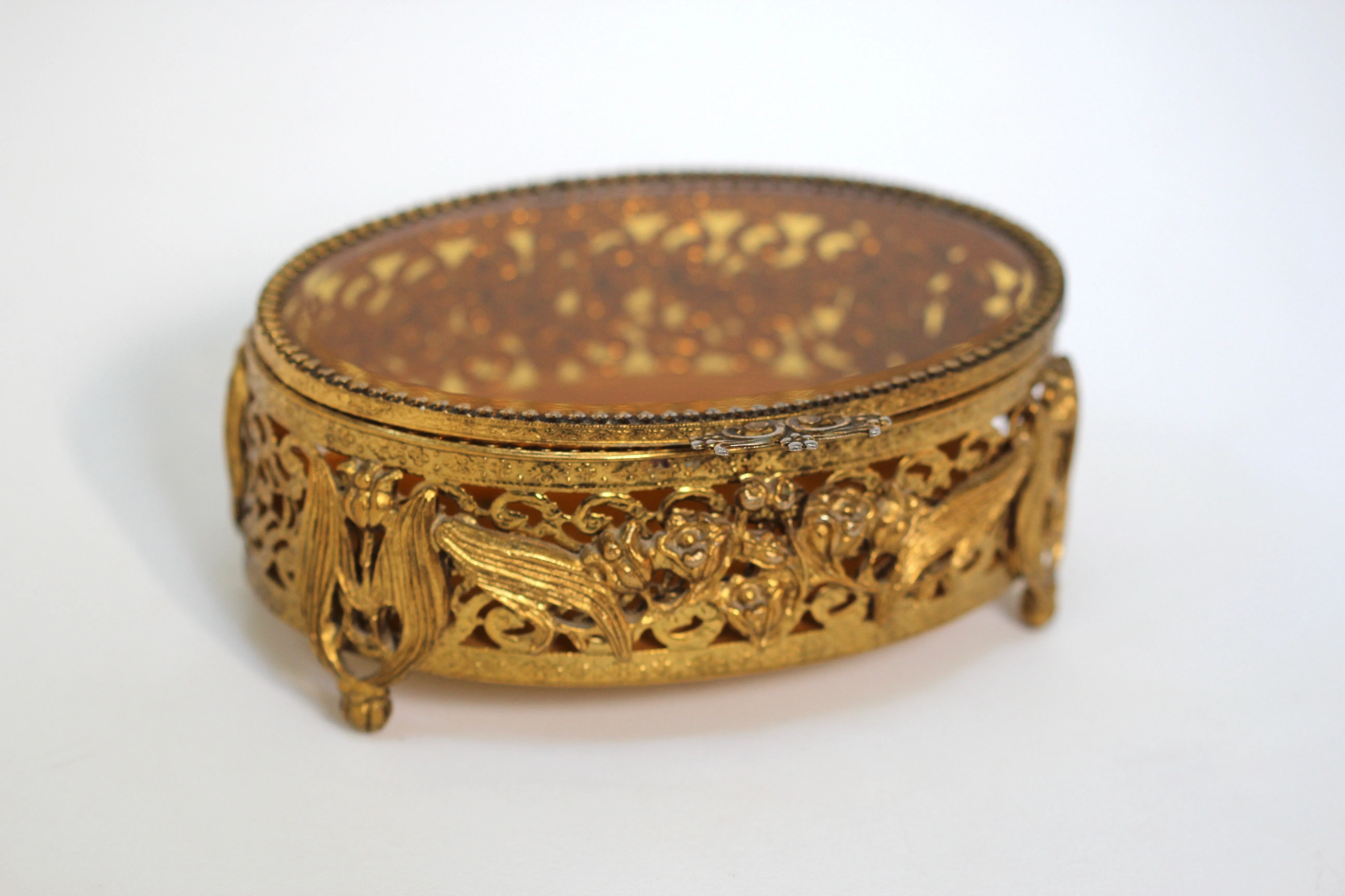 Antique Floral Amber Tinted Lily of the Valley French Victorian Jewelry Box