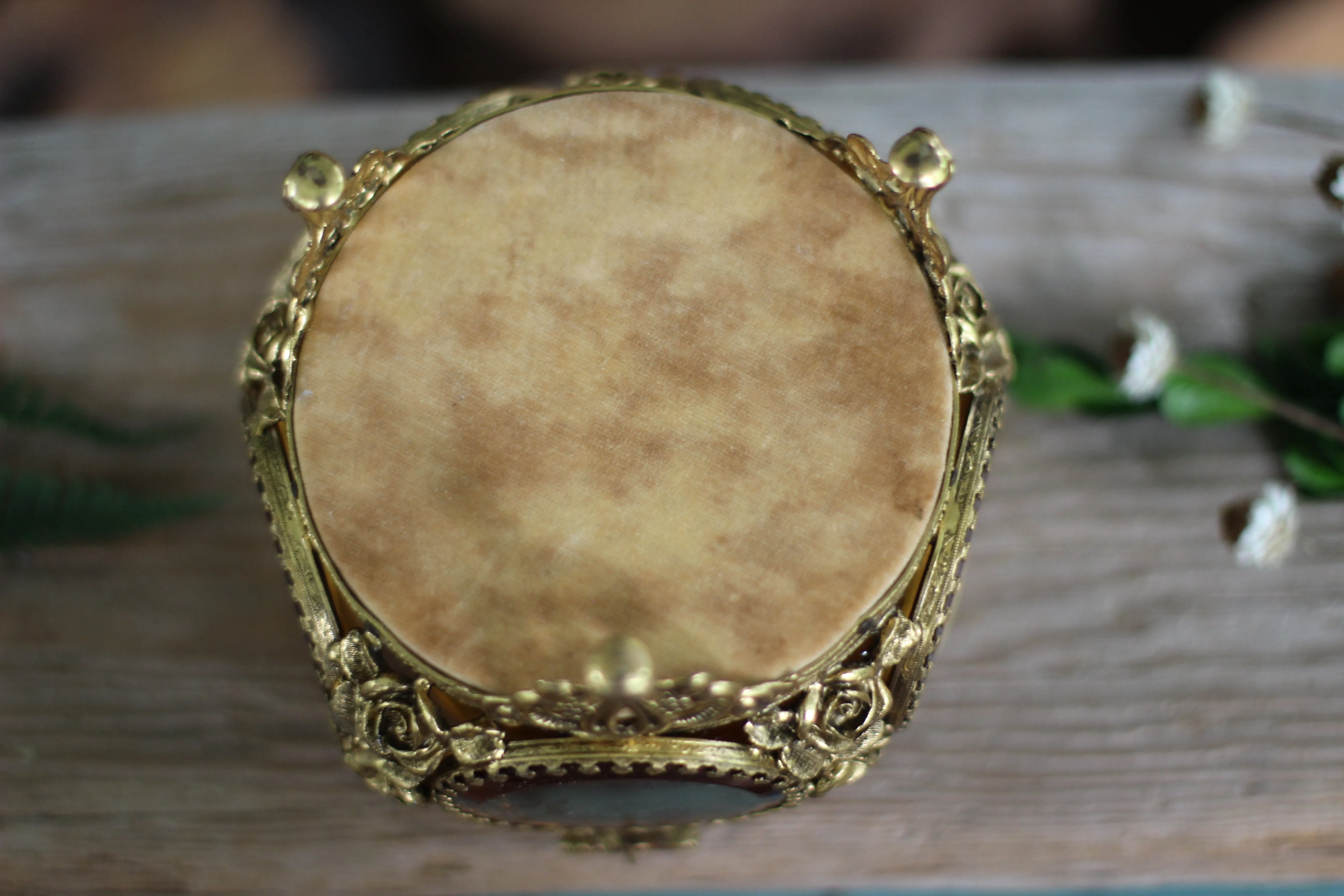 Antique Floral Filigree Roses Amber Tinted Glass Jewelry Box