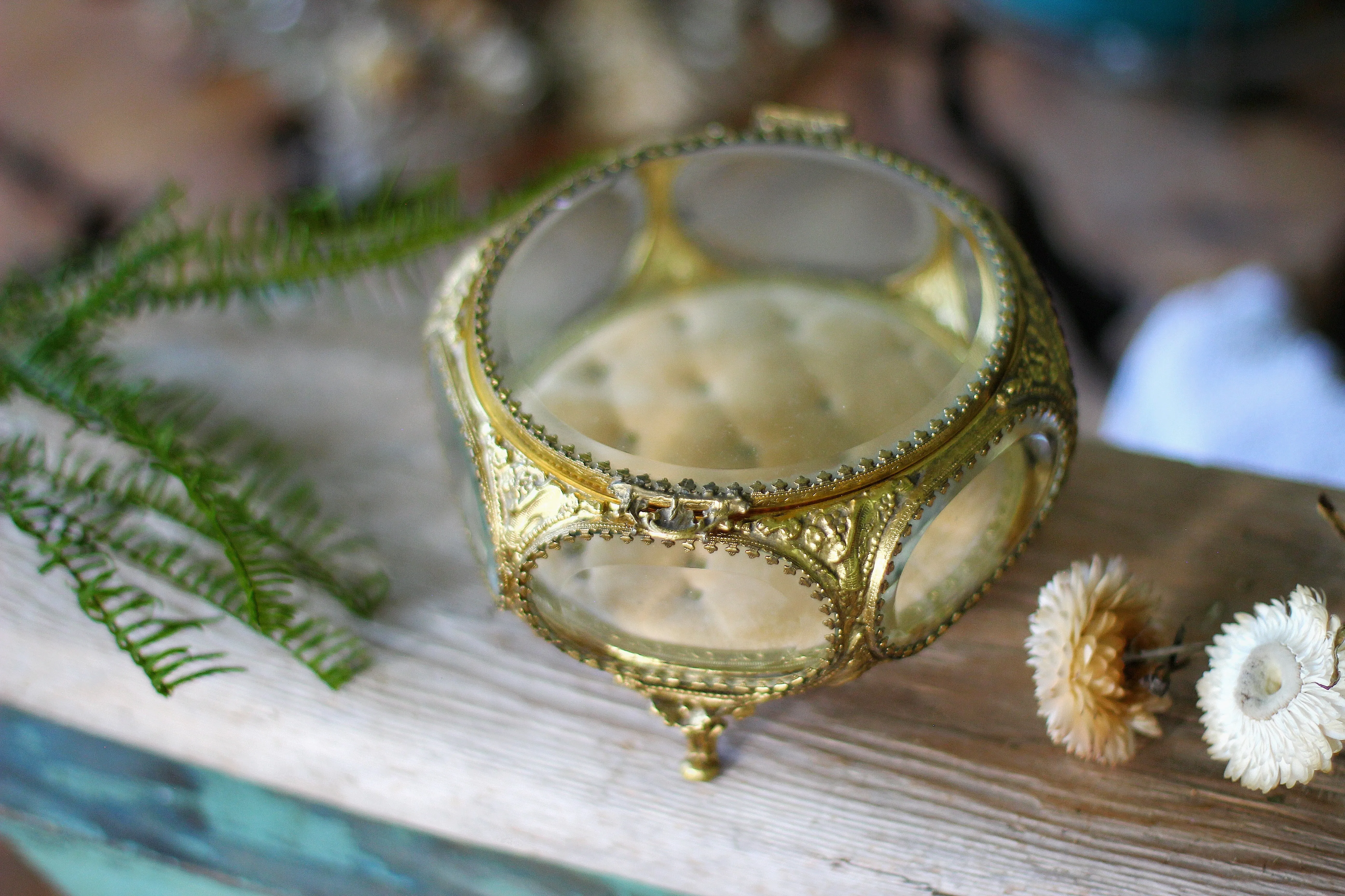 Antique Tufted Ormolu Filigree Jewelry Box