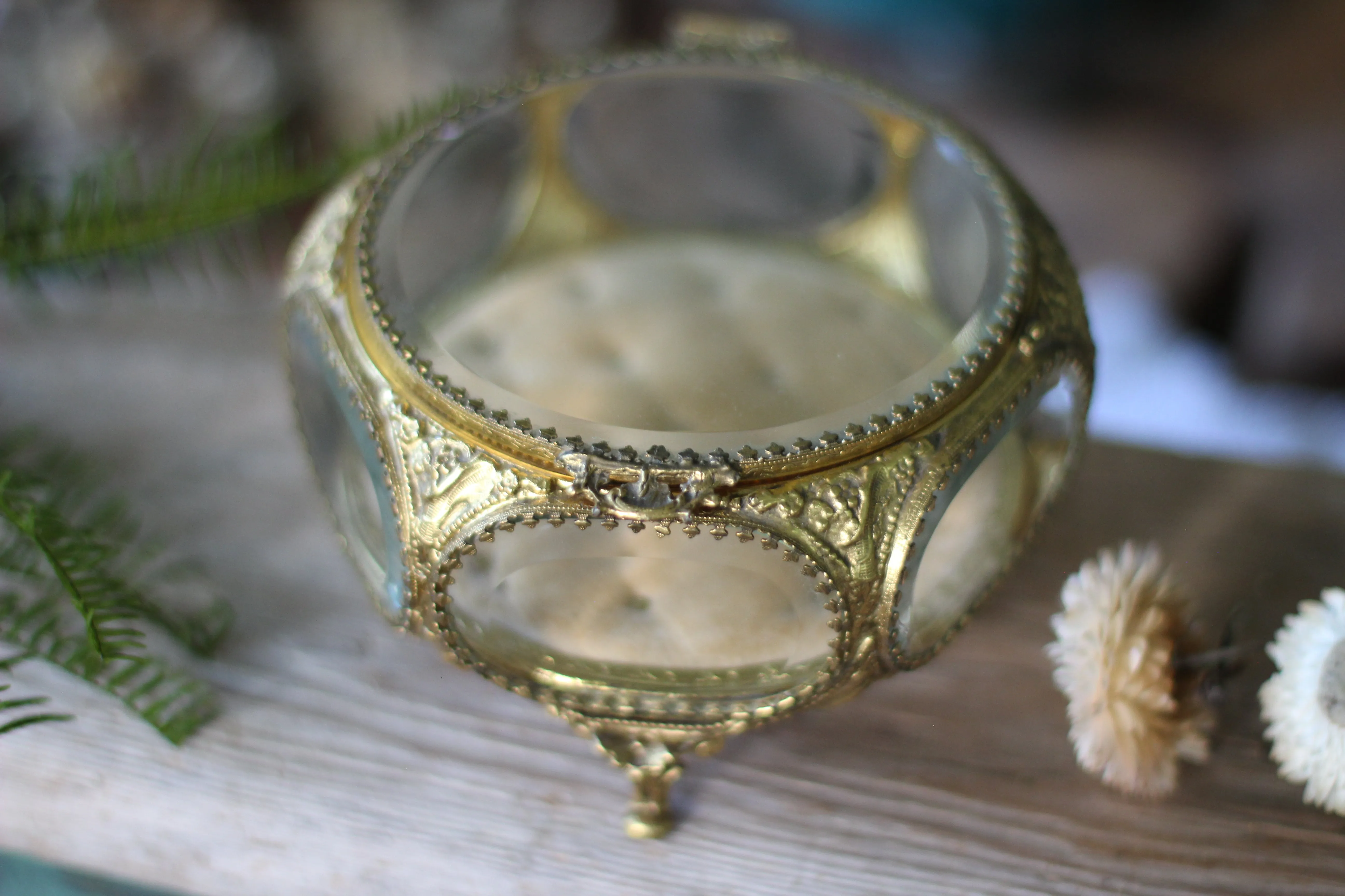 Antique Tufted Ormolu Filigree Jewelry Box