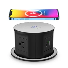 Automatic Pop up Power Outlet with 15W Wireless Charger,Pop up Electrical Outlets for Countertops,4.7'' Diameter Round Pop Up Counter Outlet with 4 Outlets,2 USB,Hidden Outlet,Pop Out Outlet Black