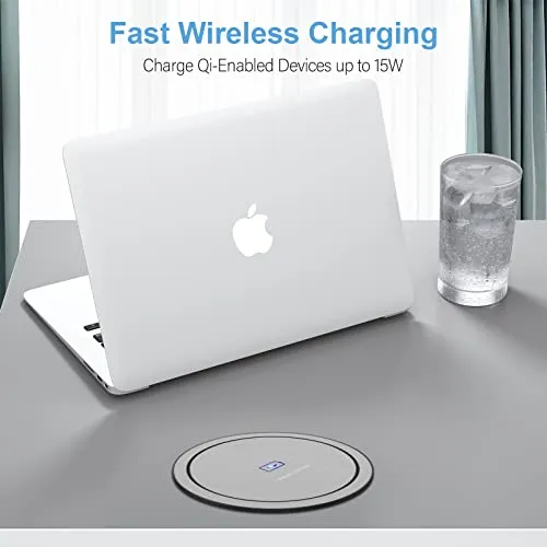 Automatic Pop up Power Outlet with 15W Wireless Charger,Pop up Electrical Outlets for Countertops,4.7'' Diameter Round Pop Up Counter Outlet with 4 Outlets,2 USB,Hidden Outlet,Pop Out Outlet Black