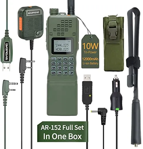 Baofeng AR-152 Military Grade 10 watt Ham Walkie Talkies for Adults,Long Range Rechargeable Tactical Radio with Green Speaker Mic and Tactical Antenna Full baofeng Accessories