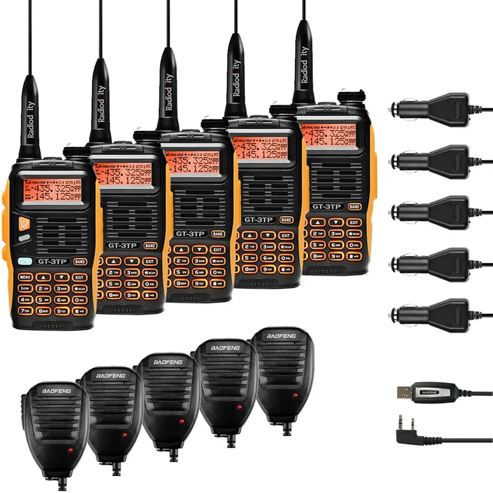 Baofeng GT-3TP Mark III Two way Radio [5 Packs]   5 x Remote Speaker   Programming Cable