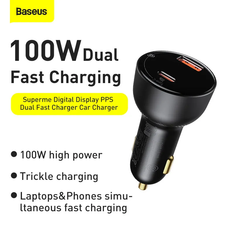 Baseus Supreme Digital Display PPS 100W Dual Quick Charger Car Charger   100W Cable (TZCCZX-01)