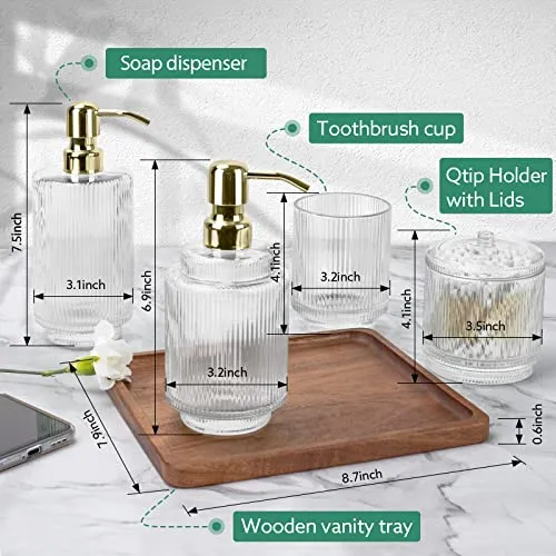 Bathroom Accessory Set,5 PCS Modern Premium Glass Bath Accessories,Lotion Soap Dispensers,Toothbrush Holder,Qtip Holder,Acacia Wooden Tray,Gift for Home Decor & Countertop Organizer (New Green)