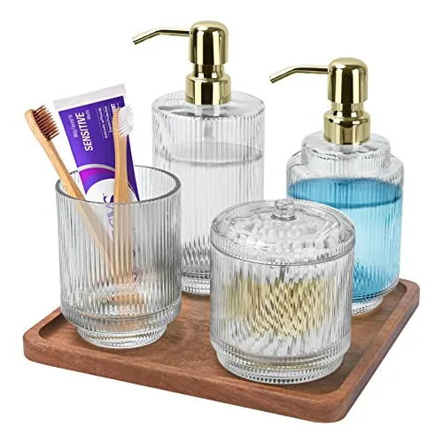 Bathroom Accessory Set,5 PCS Modern Premium Glass Bath Accessories,Lotion Soap Dispensers,Toothbrush Holder,Qtip Holder,Acacia Wooden Tray,Gift for Home Decor & Countertop Organizer (New Green)