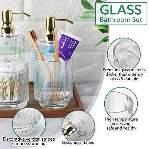 Bathroom Accessory Set,5 PCS Modern Premium Glass Bath Accessories,Lotion Soap Dispensers,Toothbrush Holder,Qtip Holder,Acacia Wooden Tray,Gift for Home Decor & Countertop Organizer (New Green)