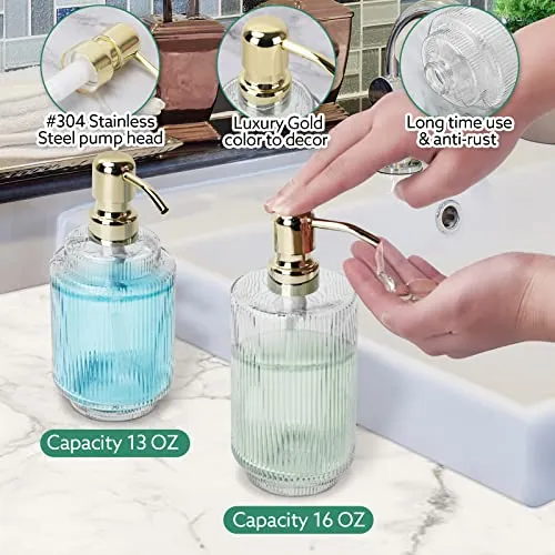 Bathroom Accessory Set,5 PCS Modern Premium Glass Bath Accessories,Lotion Soap Dispensers,Toothbrush Holder,Qtip Holder,Acacia Wooden Tray,Gift for Home Decor & Countertop Organizer (New Green)