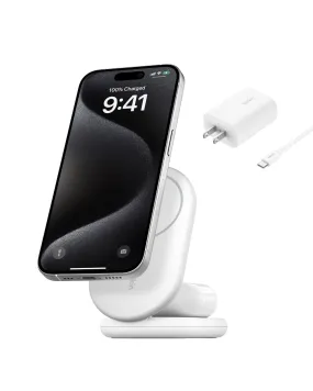 Belkin MagSafe-Compatible iPhone Charger, 2-in-1 Magnetic Foldable Charger 15W - Qi2-Certified Wireless Charger for Apple iPhone 16, iPhone 15 w/Non-Slip Base, PSU Included - White