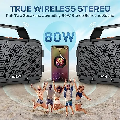 BUGANI Bluetooth Speaker, 40W Portable Bluetooth Speakers with Stereo Loud Sound, 24H Playtime, Built-in Mic, Support TF Card/AUX, IPX6 Waterproof Outdoor Speaker for Camping Beach Party