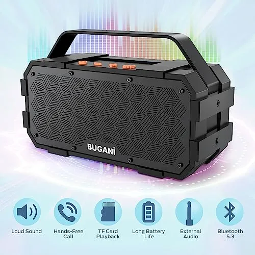 BUGANI Bluetooth Speaker, 40W Portable Bluetooth Speakers with Stereo Loud Sound, 24H Playtime, Built-in Mic, Support TF Card/AUX, IPX6 Waterproof Outdoor Speaker for Camping Beach Party