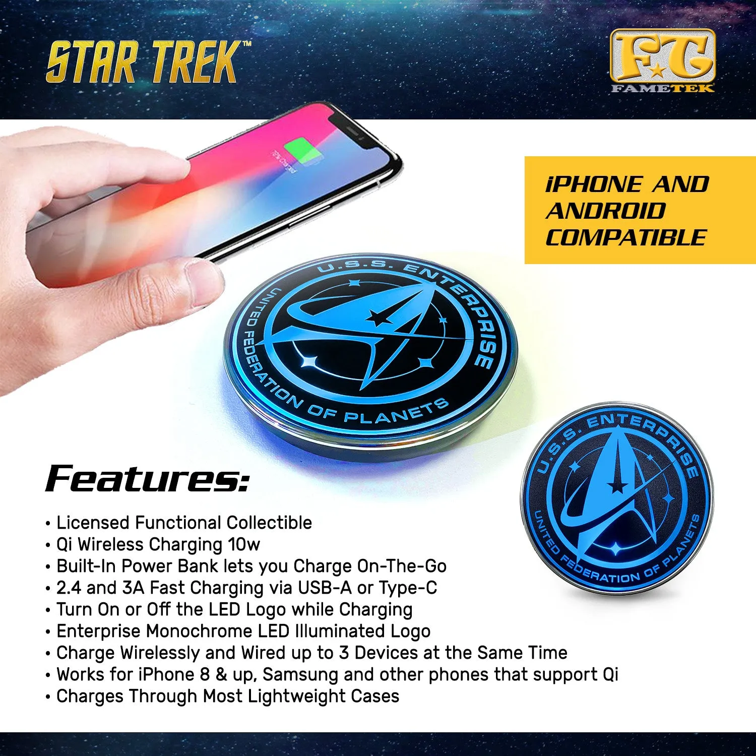 BUNDLE - Star Trek BORG Bluetooth Speaker, with Enterprise Emblem Illuminated Logo Qi Charger