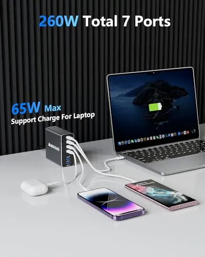 Clip coupon Aluminum Alloy 260W USB C Charger GaN Charger Fast USB C Charging Station 7 Ports 65W Laptop Charger for MacBook Pro/Air/iPad Pro/iPhone (Grey)