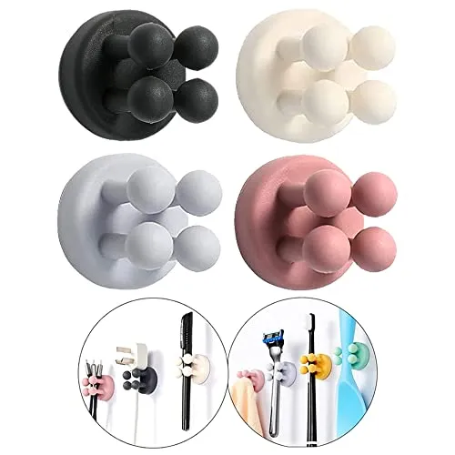 Defrko Silicone Toothbrush Holders - 4 Pcs Razor Hooks Adhesive Wall Mounted for Hanging Towel Key Plug Cable, Utility Decor Stick to Dorm Room Essentials Function for Kitchen Bathroom Home Office