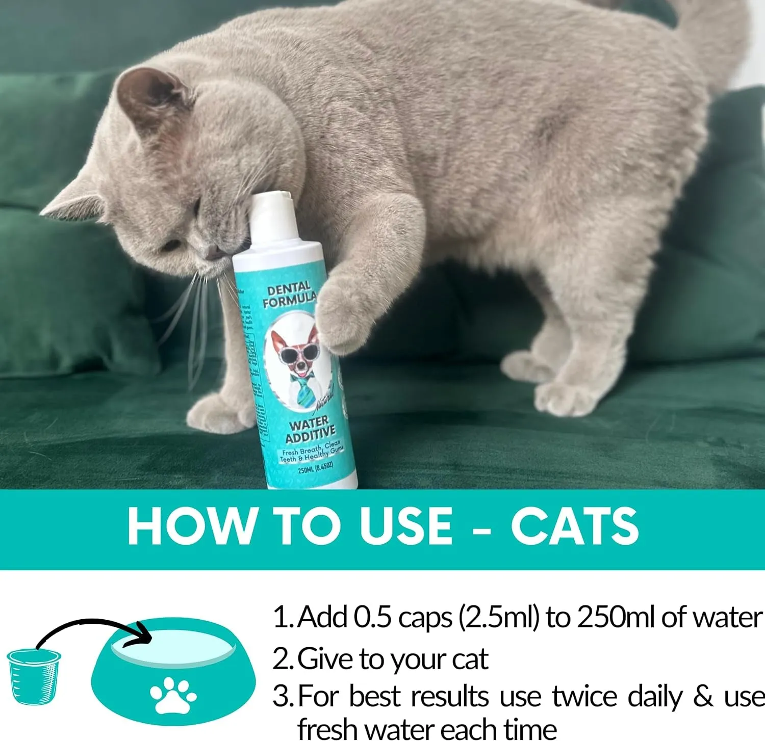 Dental Formula Water Additive For Dogs & Cats - Clean Teeth, Healthy Gums & Fresh Breath - Manage Plaque & Tartar Build-Up - Fuss-Free - No Brushing Needed - Cat/Dog Mouthwash & Oral Health