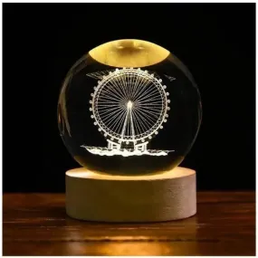 Ferris Wheel Crystal Ball Night Lamp Beautifully Crafted Design in Glass, Wooden Display Stand