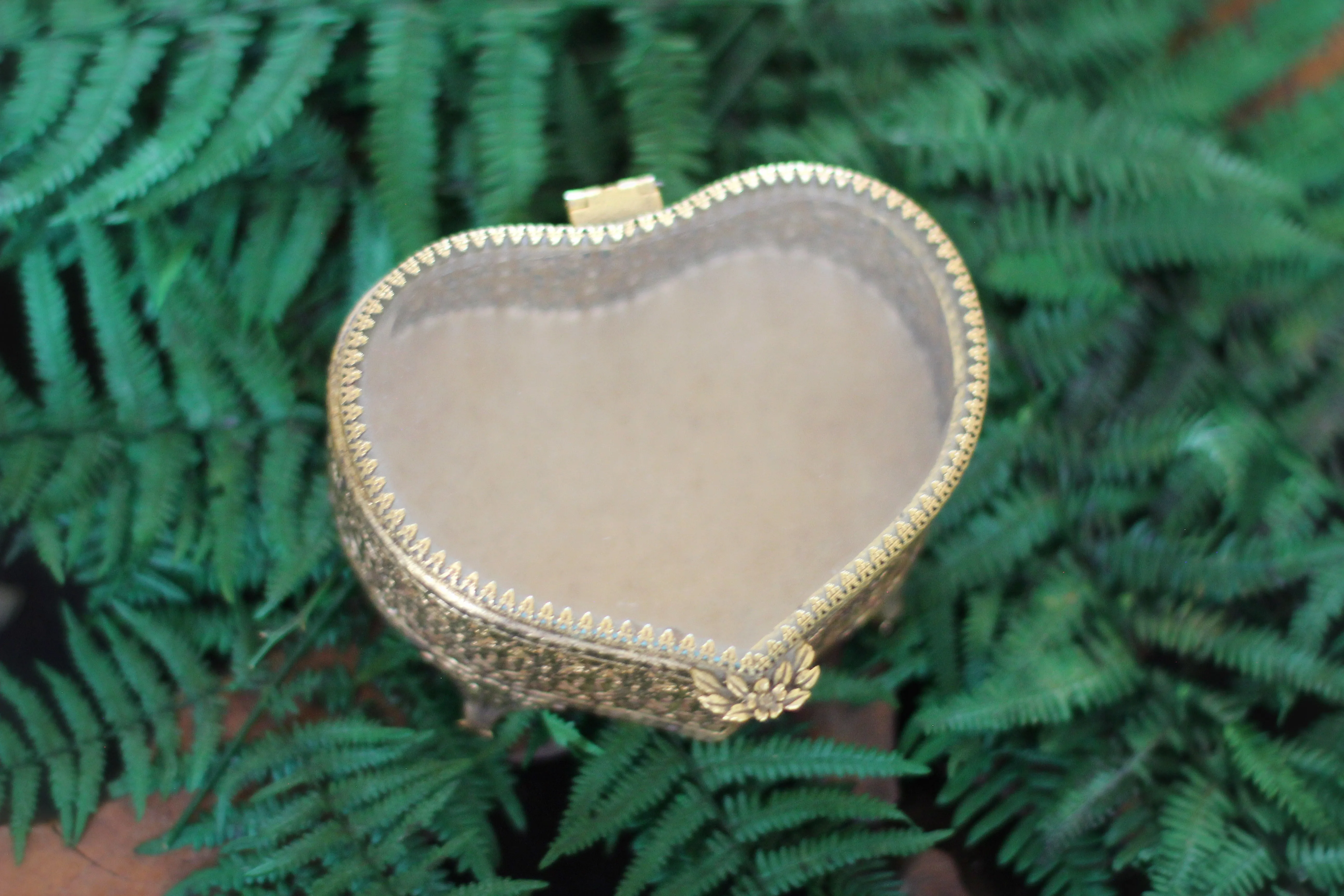 Heart Shaped Antique Ormolu Filigree Jewelry Box #132