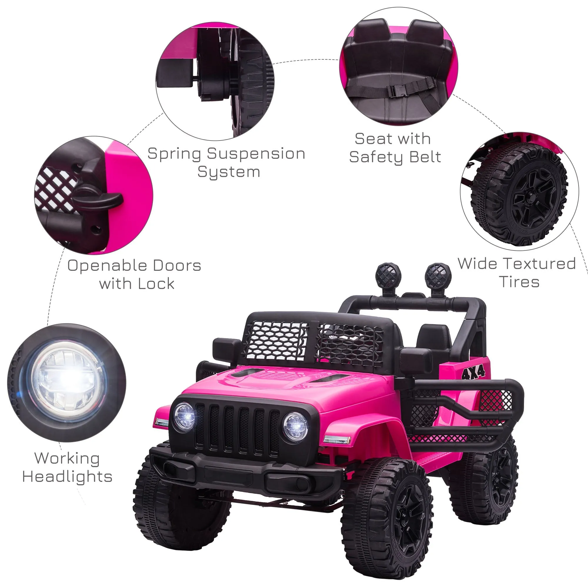 Homcom 12V Battery-powered 2 Motors Kids Electric Ride On Car Truck Off-road Toy with Parental Remote Control Horn Lights Suspension Wheels for 3-6 Years Old Pink