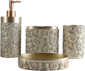 Hymmah Bathroom Accessories Set,Golden Design Toothbrush Holder,Farmhouse Bathroom Decor,4 Pcs Resin Gift Set Apartment Necessities, Contain Toothbrush Cup,Soap Dispenser,Soap Dish,Tumbler