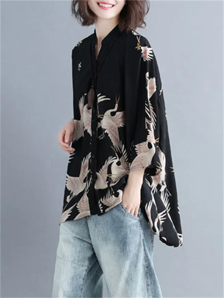 Irregular Loose Cranes Printed Chiffon Shirts