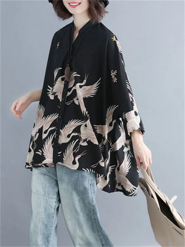 Irregular Loose Cranes Printed Chiffon Shirts