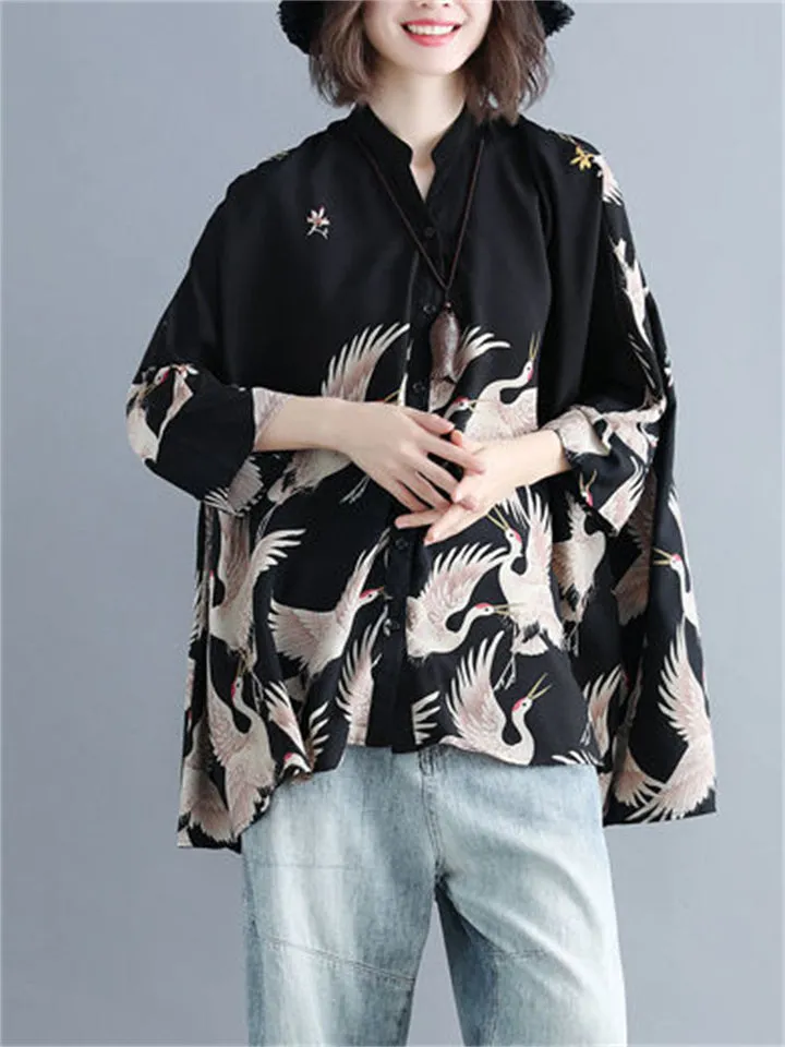 Irregular Loose Cranes Printed Chiffon Shirts