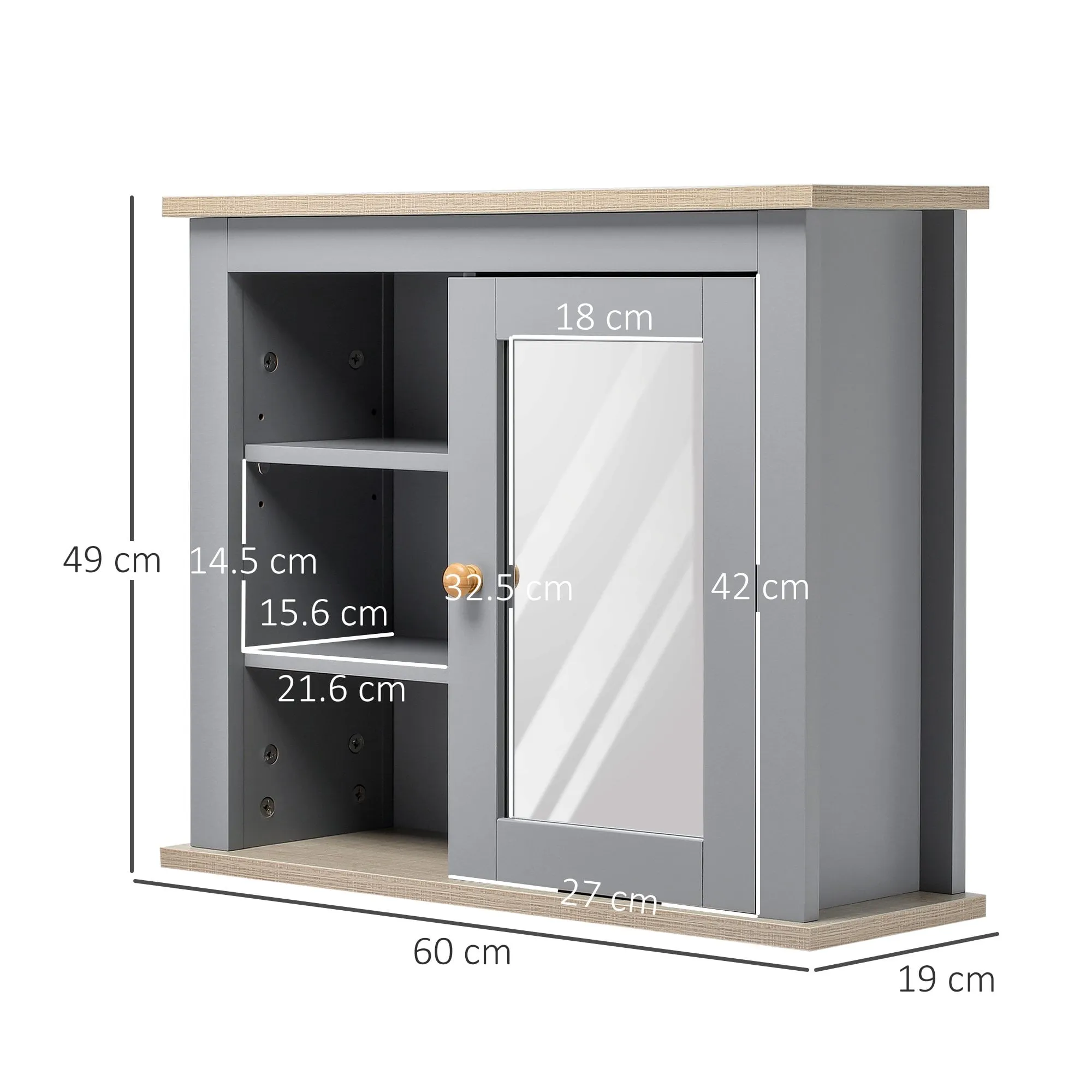 kleankin Bathroom Wall Mirror Cabinet, Cupboard with Door, Adjustable Shelf - Grey