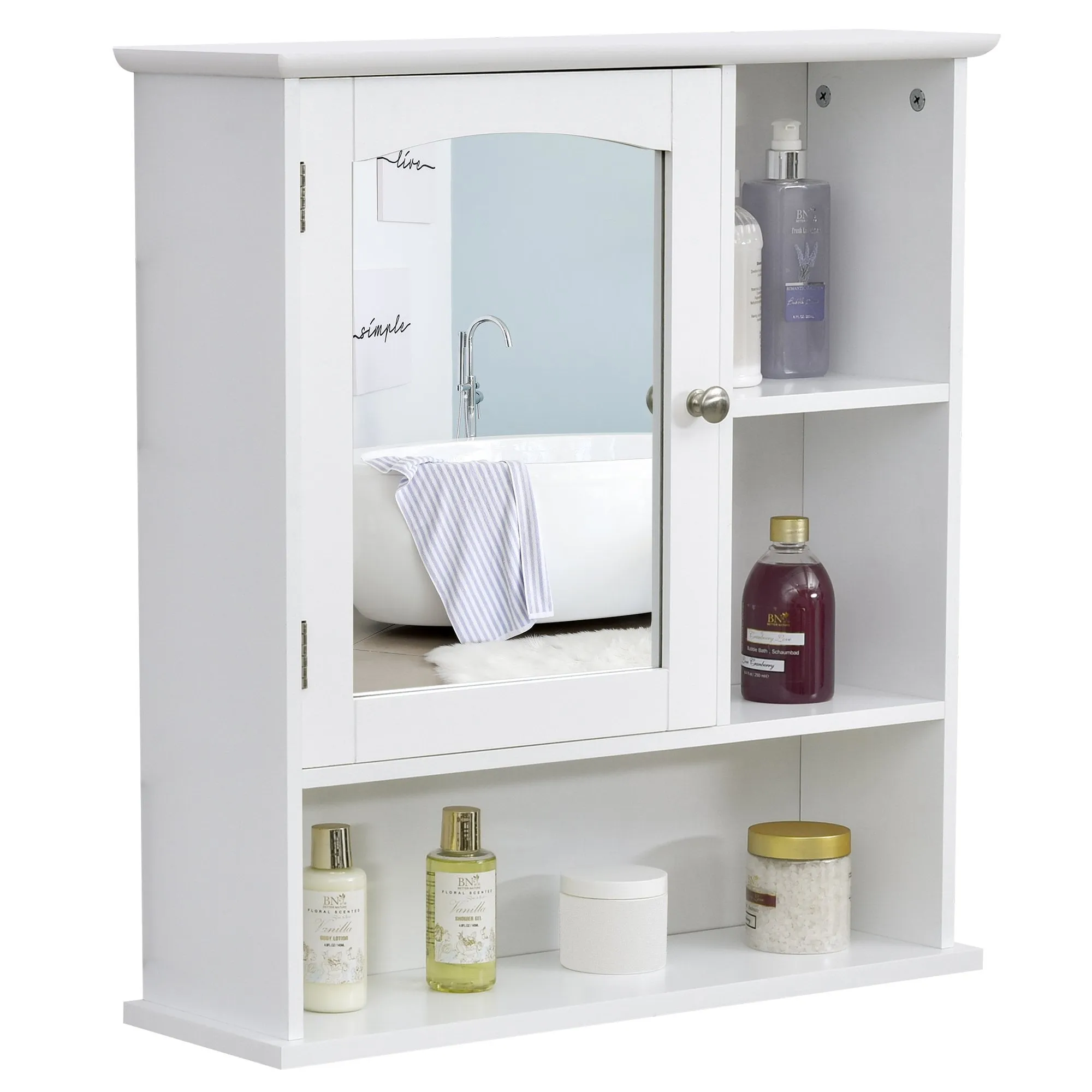 kleankin Wall Mount Mirror Cabinet Bathroom Storage with Open Shelves Adjustable Shelf Single Door Mounted Glass Cupboard