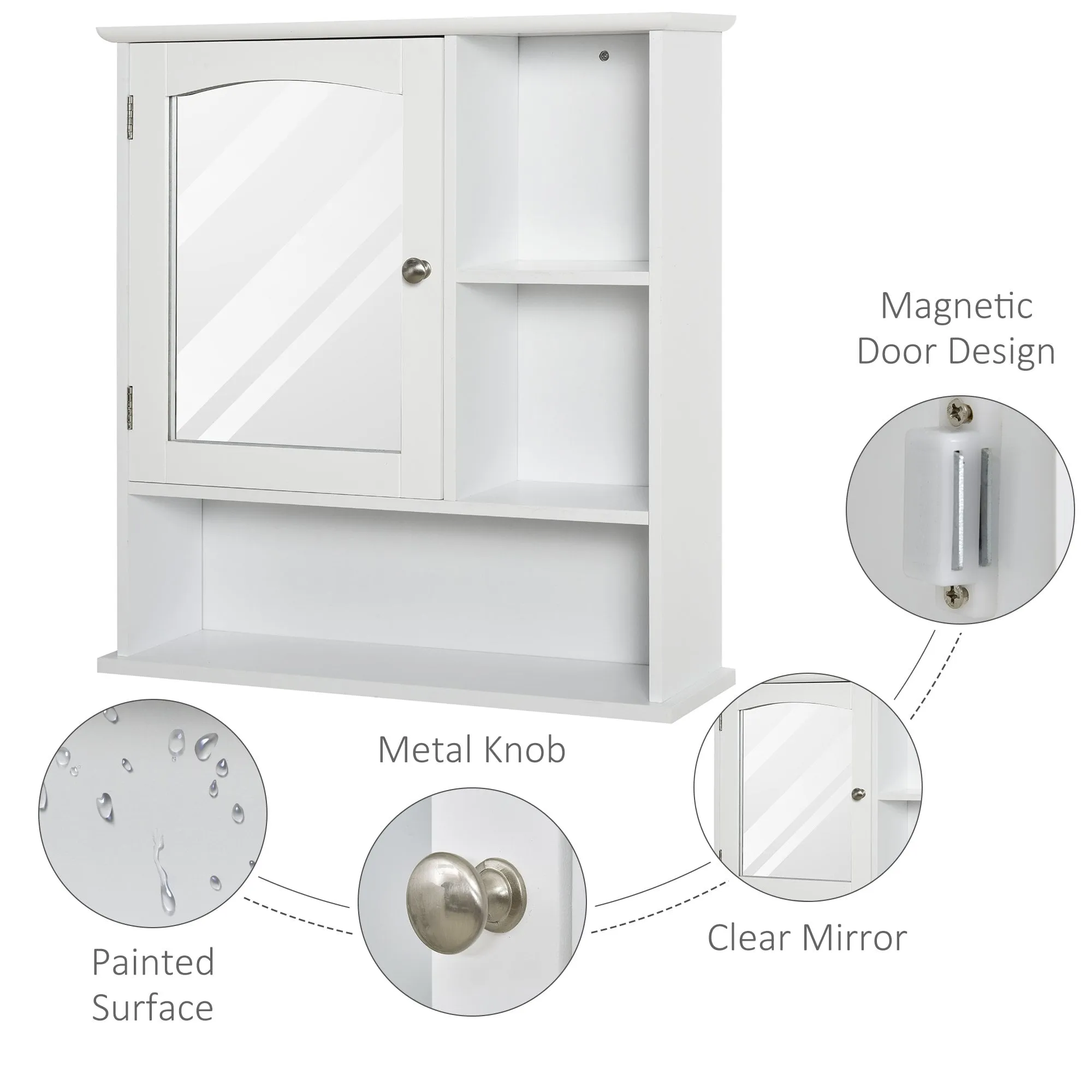 kleankin Wall Mount Mirror Cabinet Bathroom Storage with Open Shelves Adjustable Shelf Single Door Mounted Glass Cupboard