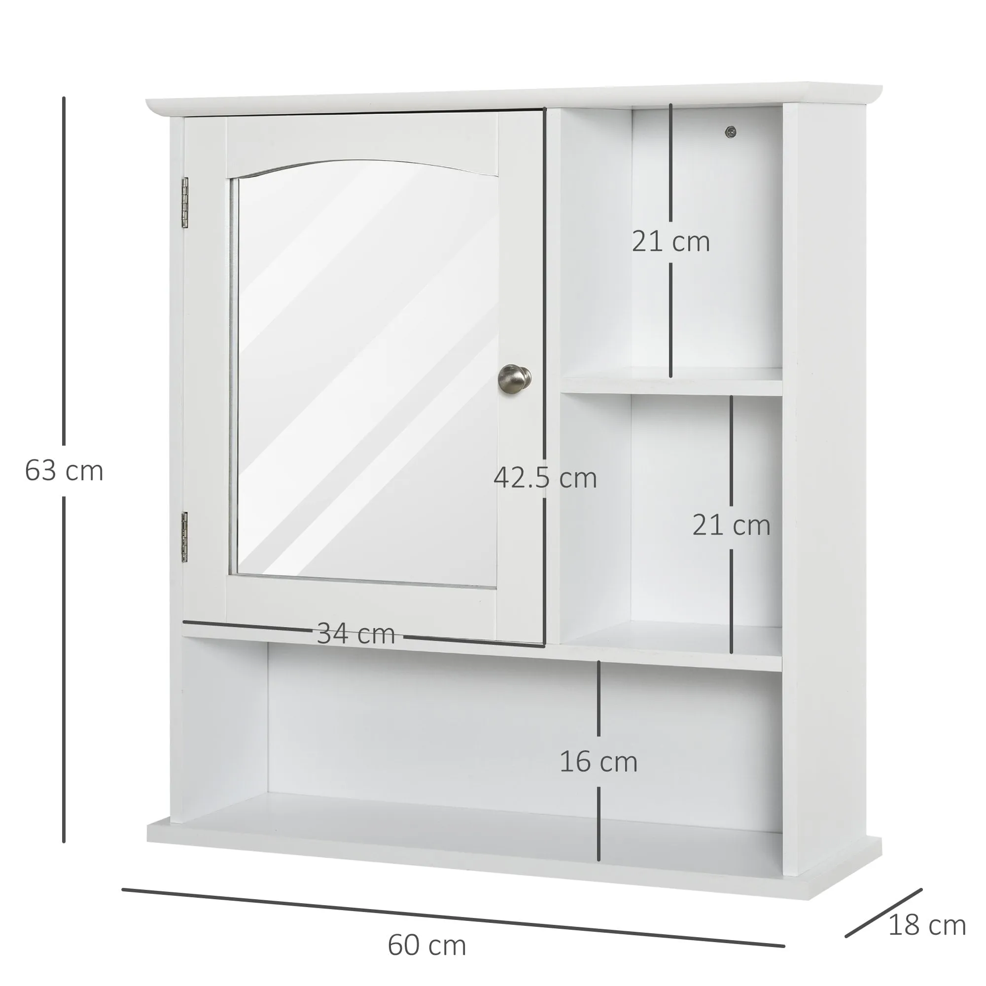 kleankin Wall Mount Mirror Cabinet Bathroom Storage with Open Shelves Adjustable Shelf Single Door Mounted Glass Cupboard