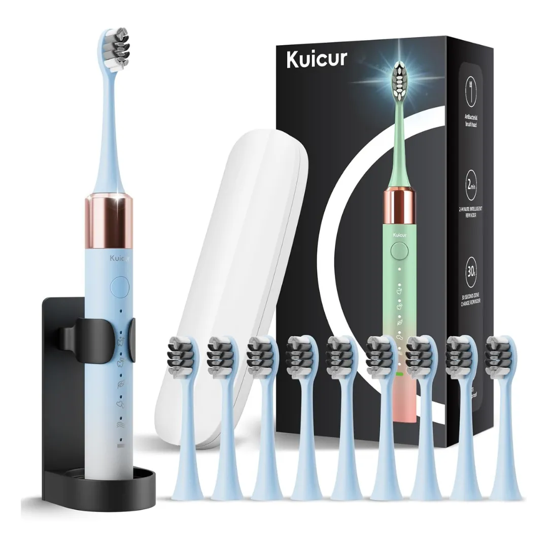 Kuicur Sonic Electric Toothbrush With 10 Brush Heads & Travel Case